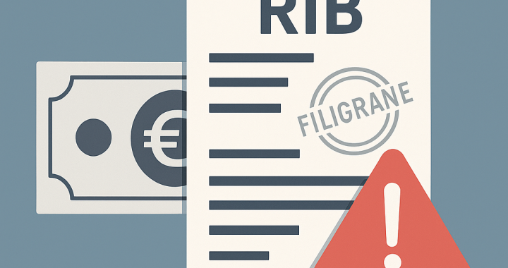 Illustration d’une fraude au virement bancaire avec un faux RIB, mettant en scène un particulier confronté à une arnaque de type usurpation IBAN.
