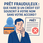 Illustration d’un particulier victime d’un prêt frauduleux à la suite d’une usurpation d’identité, avec un visuel d’alerte bancaire et un faux conseiller