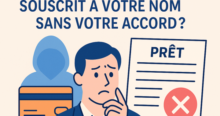 Illustration d’un particulier victime d’un prêt frauduleux à la suite d’une usurpation d’identité, avec un visuel d’alerte bancaire et un faux conseiller