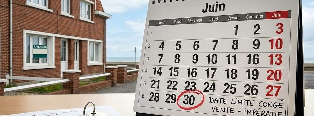Calendrier de juin avec la date du 30 encerclée et la note "DATE LIMITE CONGÉ VENTE - IMPÉRATIF!". Au premier plan, trousseau de clés et document juridique. En arrière-plan, une maison en briques rouges typique de Malo-les-Bains avec un panneau "À VENDRE". Illustration des délais de préavis pour un avocat en droit immobilier à Dunkerque.