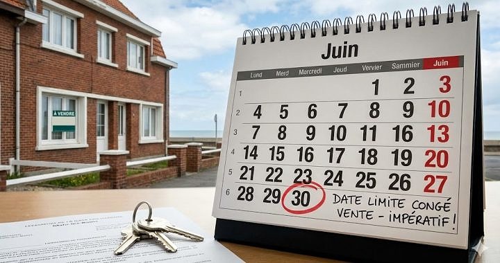 Calendrier de juin avec la date du 30 encerclée et la note "DATE LIMITE CONGÉ VENTE - IMPÉRATIF!". Au premier plan, trousseau de clés et document juridique. En arrière-plan, une maison en briques rouges typique de Malo-les-Bains avec un panneau "À VENDRE". Illustration des délais de préavis pour un avocat en droit immobilier à Dunkerque.