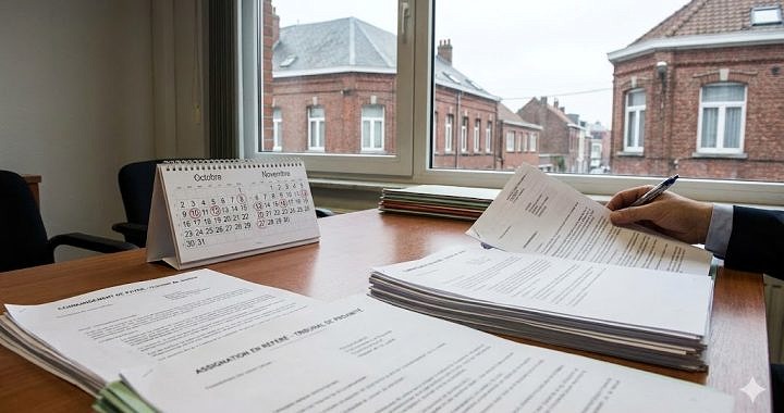 Dossier d'expulsion sur le bureau d'un avocat à Dunkerque. Vue sur calendrier et documents juridiques (commandement de payer) pour procédure loyers impayés.